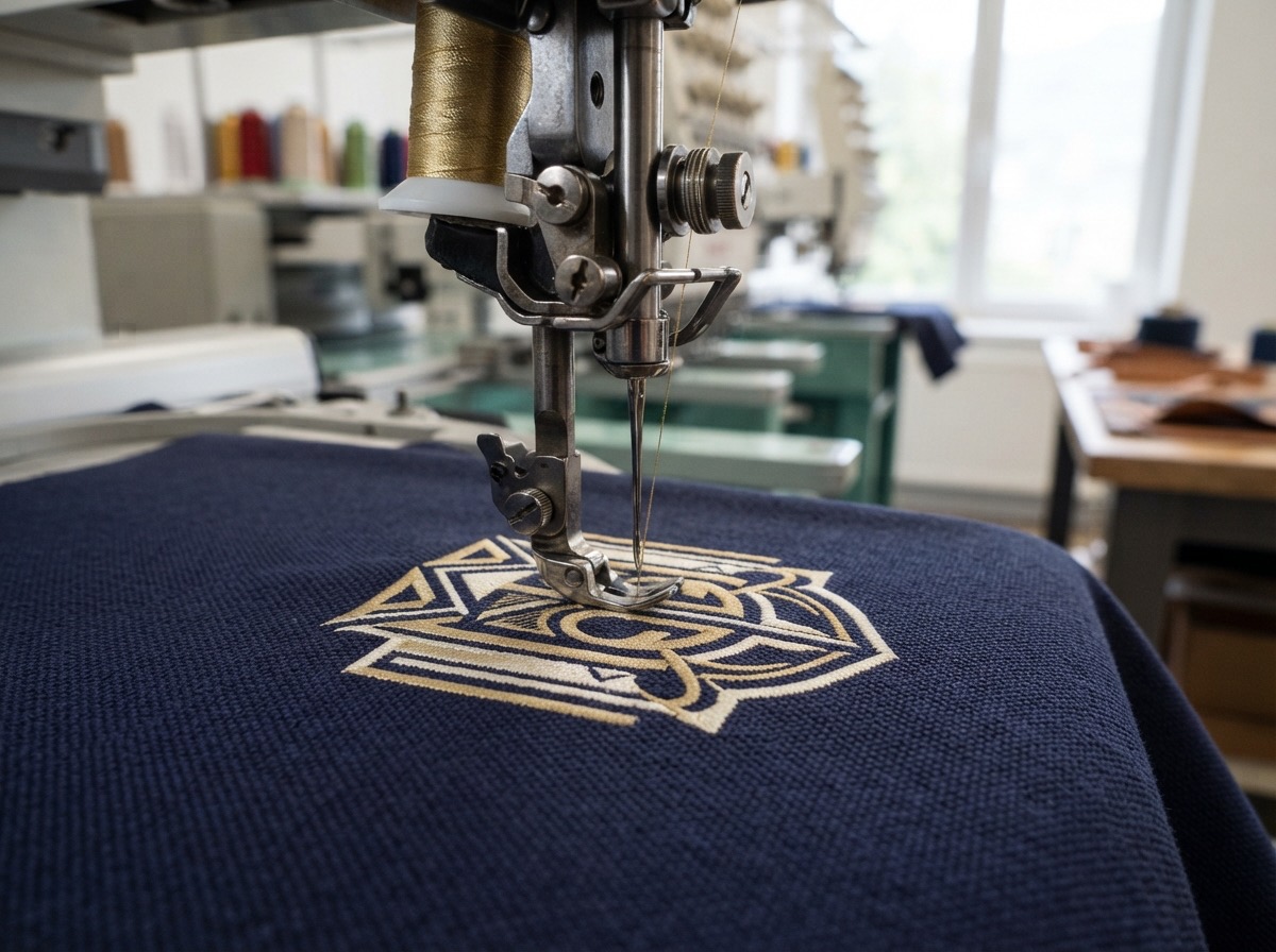 Multi-head embroidery on navy fabric