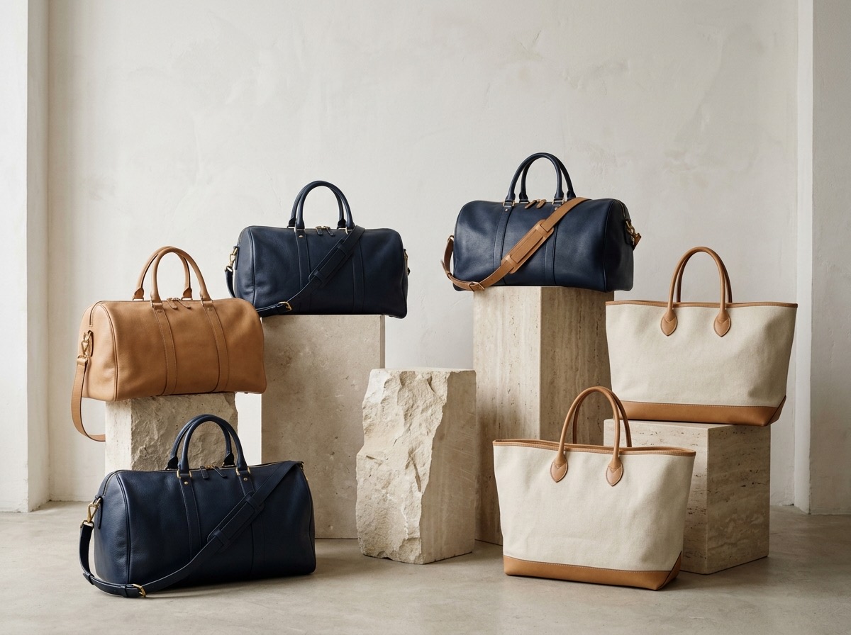 Assortment of leather weekenders and canvas totes